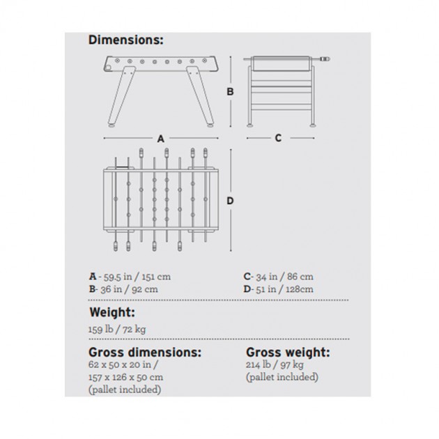 Dimensiones futbolín RS#3 wood de E15. Disponible en Moisés showroom