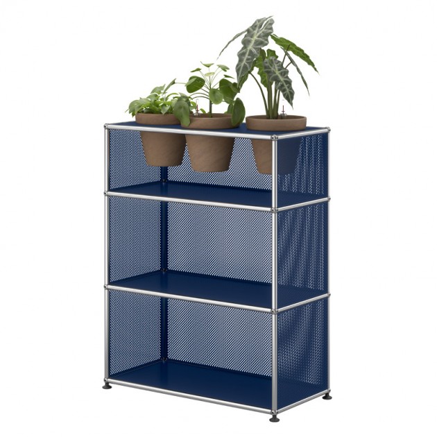Estantería modular USM Haller perforada con plantas color azul acero